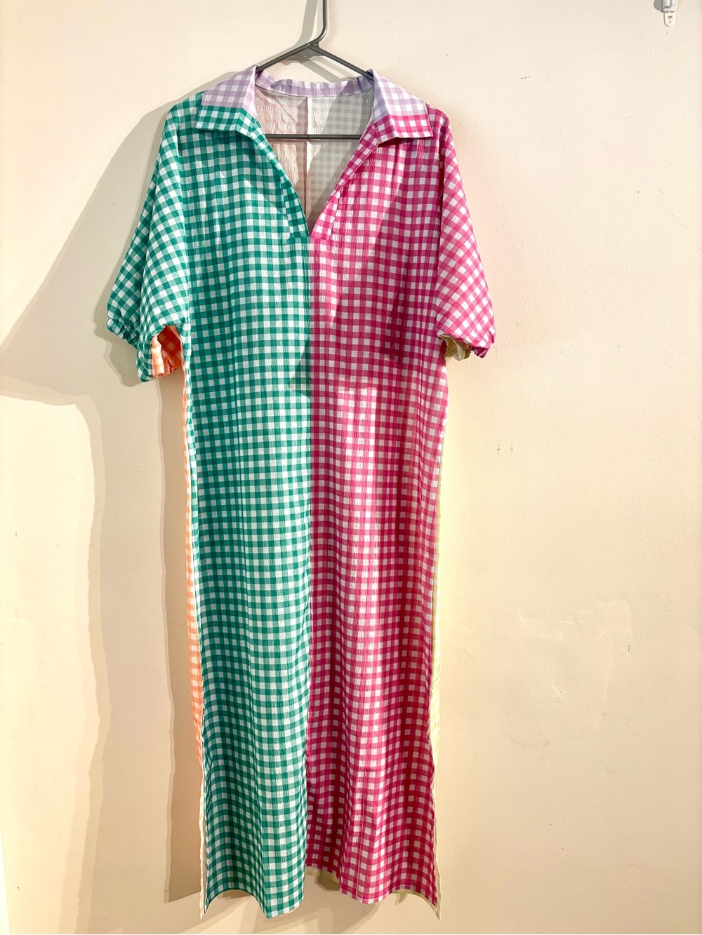 NEW SHEIN Collared Midi Dress - Multi-Colored Pastels Seersucker Gingham XL - Picture 4 of 8